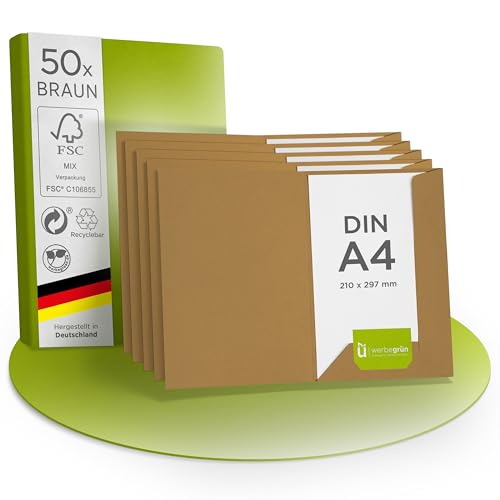 Werbegrün Präsentationsmappe A4 – 50 Stück Braun (Kraftkarton) | FSC® MIX 70% | Dokumentenmappe aus 320g/m² Pappe | Mit Visitenkartenschlitz | Made in Germany | Direkt vom Hersteller von werbegruen