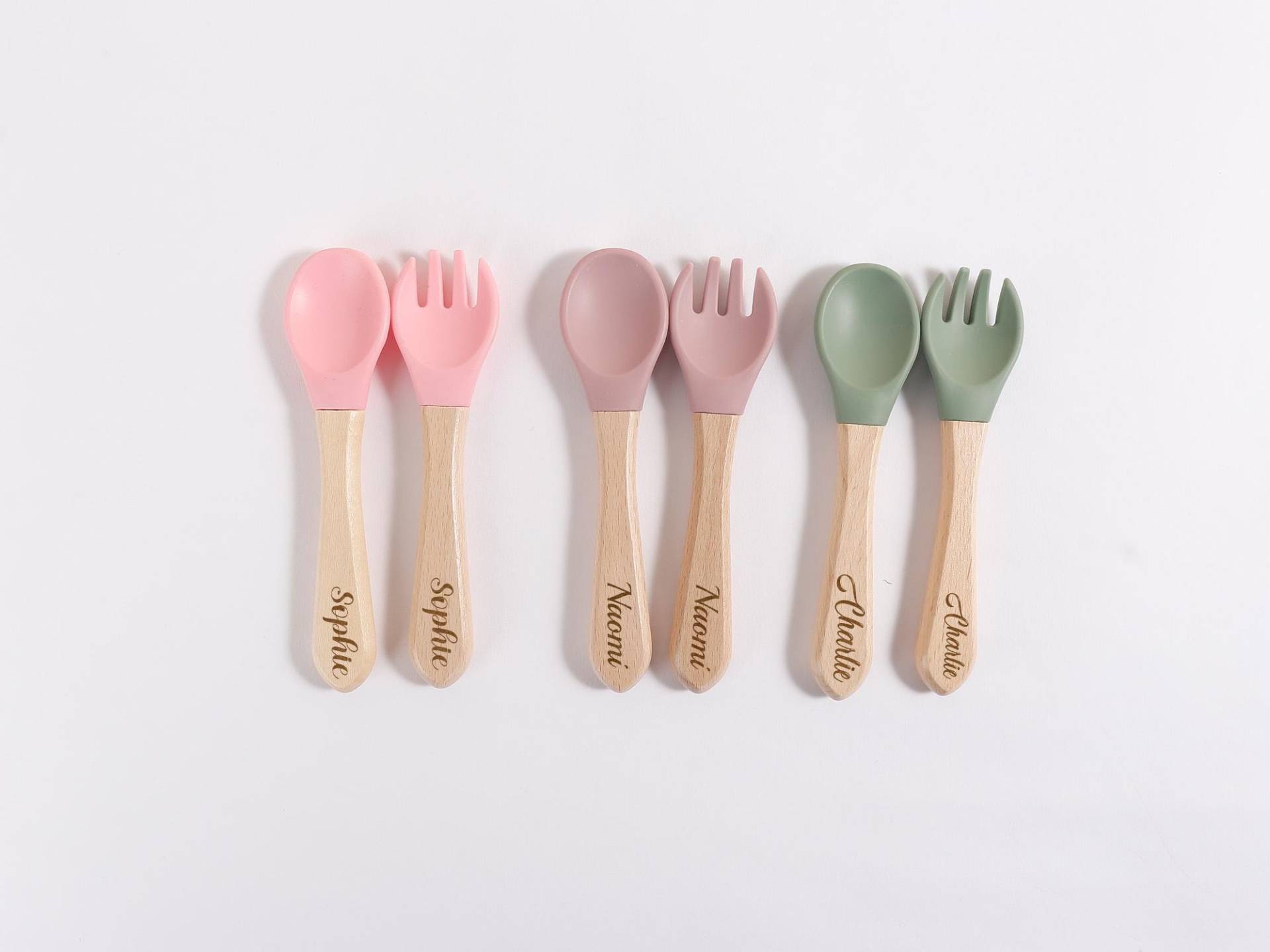 Personalized Engraved Wooden & Silicone Weaning Spoon, Fork, Cutlery Set, Baby Fork, Toddler Spoon von whalement