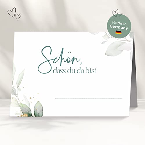 50 Tischkarten für deine Hochzeit | Eukalyptus türkis - Premium Platzkarte " schön dass du da bist" im Set, Sitzplatzkarte, Design Namenskarte für Gäste von white & ivory