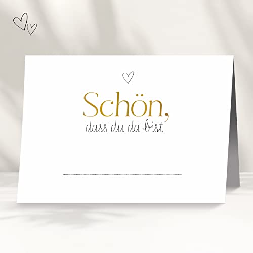 50 Tischkarten für deine Hochzeit | Herz gold - Premium Platzkarte "schön dass du da bist" im Set, Sitzplatzkarte, Design Namenskarte für Gäste von white & ivory