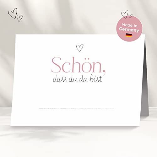 50 Tischkarten für deine Hochzeit | Herz rosa - Premium Platzkarte "schön dass du da bist" im Set, Sitzplatzkarte, Design Namenskarte für Gäste von white & ivory