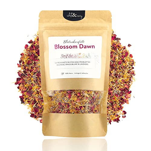 Natürliches Blütenkonfetti Hochzeit „Blossom Dawn" aus getrockneten Blütenblättern - Duft-intensiv - 100% biologisch abbaubar - Streublumen Mischung Lavendel, Rose und Ringelblume (60g / 1 Liter) von white & ivory