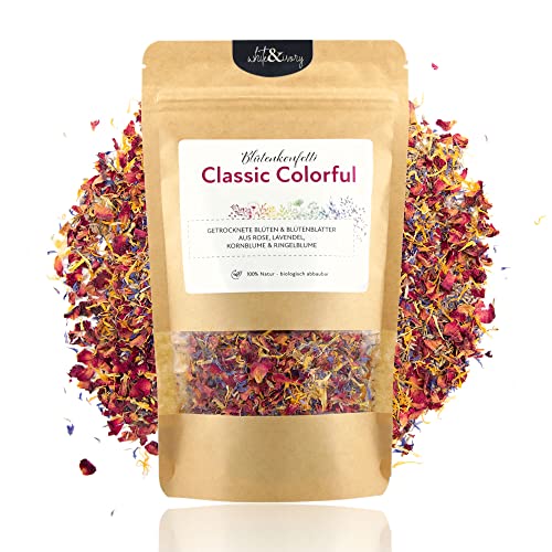 Natürliches Blütenkonfetti Hochzeit „Classic Colorful“ aus getrockneten Blütenblättern - Duft-intensiv - 100% biologisch - Streublumen Mischung Lavendel Rose Kornblume Ringelblume (60g / 1 Liter) von white & ivory