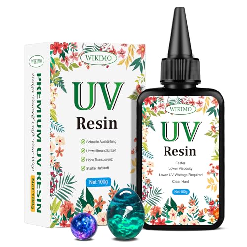 WIKIMO 100g UV Resin, Upgrade UV Kleber für Schmuck Selber Machen Set Kristallklares Transparentes, UV Harz für Gießen Schmuck Herstellung DIY Handwerk Geruchsarmer Ultravioletter UV Epoxidharz von wikimo