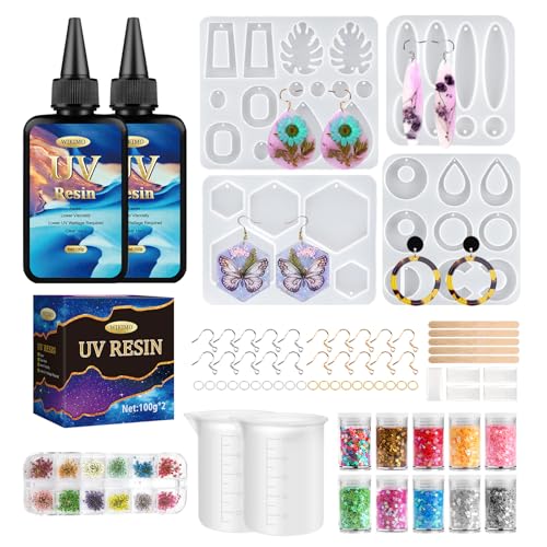 WIKIMO 200g UV Resin Set, Upgrade Schmuck Selber Machen Set UV Kleber Kristallklares Transparentes, UV Harz für Gießen Herstellung DIY Handwerk Geruchsarmer Ultravioletter UV Epoxidharz von wikimo