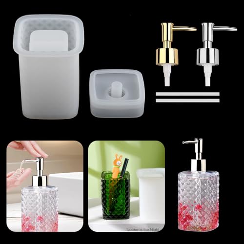 WIKIMO 4 Pcs Silikon Epoxidharz Formen für Seifenspender, Leicht zu Lösen Silikonformen Gießformen Flasche Mit Pumpe und Strohhalm, Silikonform Gießform Set für DIY Badezimmer (Rautenmuster) von wikimo