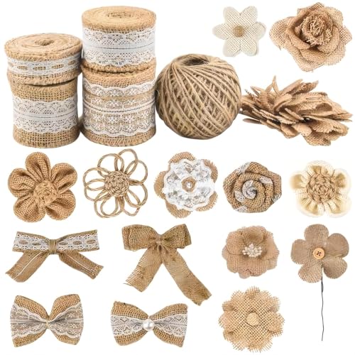 Handgefertigten Jute Blumen Set, 20 Stück Rustikale Natürliche Sackleinen Blumen und Schleife mit Spitzen Sackleinen Band Rollen und Juteschnur für DIY Basteln Party Hochzeit Geschenk Dekoration von wiksite