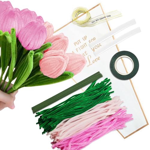 160 Stück Rosa Tulpe Pfeifenreiniger Blumen, 30cm*3mm 3 Farben Pfeifenputzer zum Basteln mit Blumendraht und band Geschenkpapier Geschenkband,Bastelkleber,Klebeband für Rosensträuße von winbest