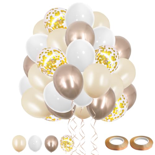 Luftballons Beige weiß Gold, 60 Stück Ballons Beige Weiß Champagner Gold Helium Luftballons mit Gold Konfetti Ballons, 2 Rollen Champagner Gold Band Luftballons Hochzeit für Hochzeit Party Dekoration von winbest