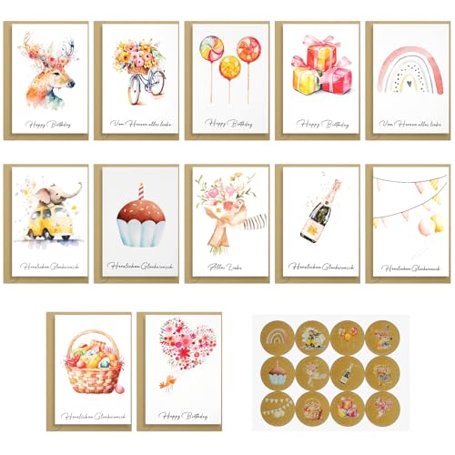 winbest Geburtstagskarte, 12 Klappkarten Geburtstagskarten set mit umschlag aus Kraftpapier und 12 aufkleber, birthday card Aquarell Geburtstagskarten für Kinder und Erwachsene von winbest