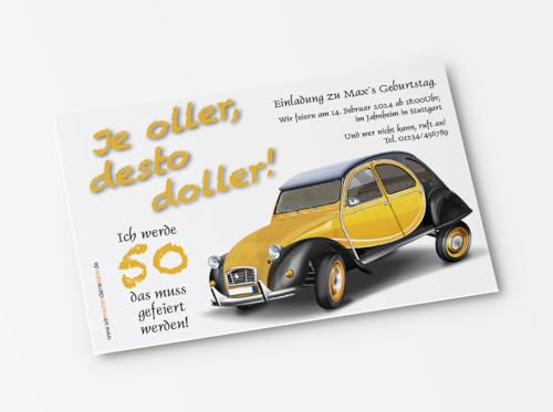 10x Einladungskarten zum Geburtstag Oldtimer Herbie - witzige Einladungskarten zum Geburtstag (2CV-Gelb) von wirmachendeinekarte