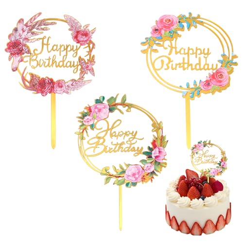 Kuchendekorationen, 3 Stück Cake Topper Happy Birthday Cake Topper Acryl Cake Topper Geburtstag Kuchen Topper Blume Kuchen Topper Happy Birthday Kuchen Dekorationen Blume Geburtstag Dekorationen von witeup