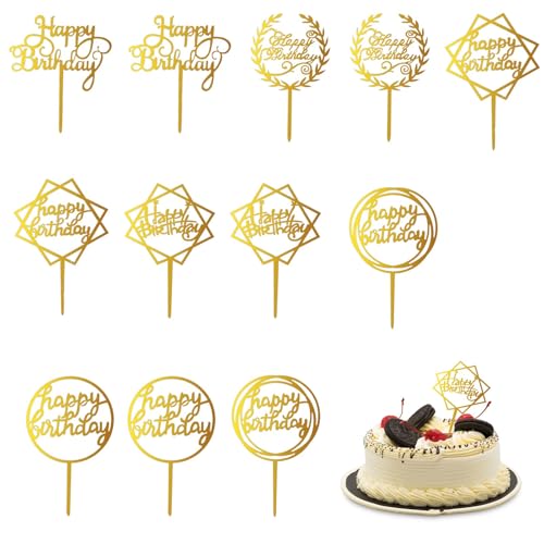 Tortenaufsatz "Happy Birthday", goldfarben, 6 Stile, personalisierbar, für Cupcakes, Acryl, Kuchendekoration, Geburtstag, personalisierbar, für Happy Birthday, Dekorationen, Desserts, Gebäck, 12 Stück von witeup