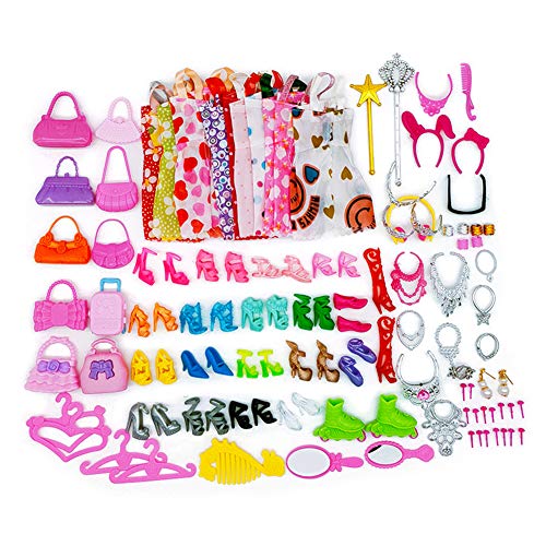 70 Stück Kleidung Accessories für Barbie Puppen, 10 Set Kleid Dress, 30 Stück Schmuckzubehör erhalten Halskette Spiegel Kleiderbügel, 20 Paar Schuhe und 10Pcs Handtasche für 11,5 Zoll Mädchen Puppen von witgift