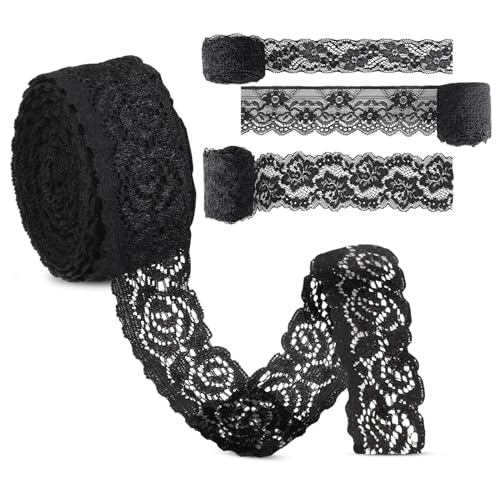 4 Rollen Spitzenbänder Schwarz Vintage Spitzenband Schwarz Baumwolle Spitzenstoff Spitzenband Strecken Blumen Muster Spitze Meterware Rolle Bänder Spitzen für Geschenkverpackung Valentinstag Hochzeit von wlertcop