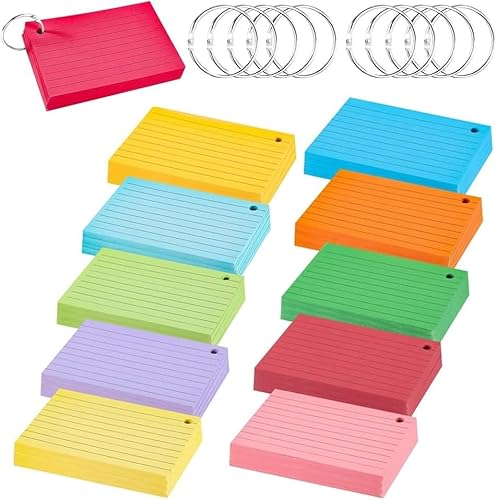 wllqinte 1000PCS Linierte Karteikarten, A8 Karteikarten mit Ringen,10 Farben Flash Cards, Vokabelkarten Karteikarten, Bunt Lernkarten Vokabeln Lernbox mit 10 Binderinge für Büro Zuhause Notizen von wllqinte