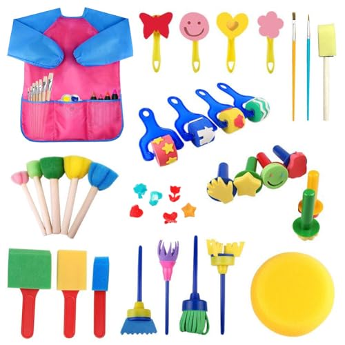 wllqinte Waschbares Fingerfarben Set, 31 Stück Malerei Schwamm Pinsel Set Kinder mit Schürze, Schwammpunkt Pinsel Schaumstoffpinsel ZeichnungWerkzeuge für DIY Handwerk Keramik Stempel Früherziehung von wllqinte