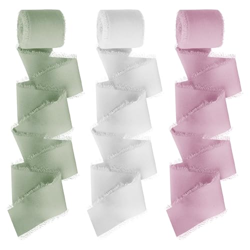 wocpvm 3 Rollen Schleifenband Breit Chiffonband 3cm Breit x 5M Geschenkband Chifffon Hochzeit Stoffband für Dekoration, Blumensträuße, Hochzeitseinladungen, Geschenke (Weiß Grün Rosa) von wocpvm