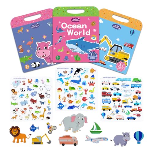 wocpvm 3 Stücke stickerbuch wiederverwendbar puffy sticker book für Kinder ab 3 (Fahrzeuge+Tiere+Meerestier) Kinder Sticker Book für pädagogische Lerngeschenke Kinderspielzeug Geburtstag Geschenke von wocpvm