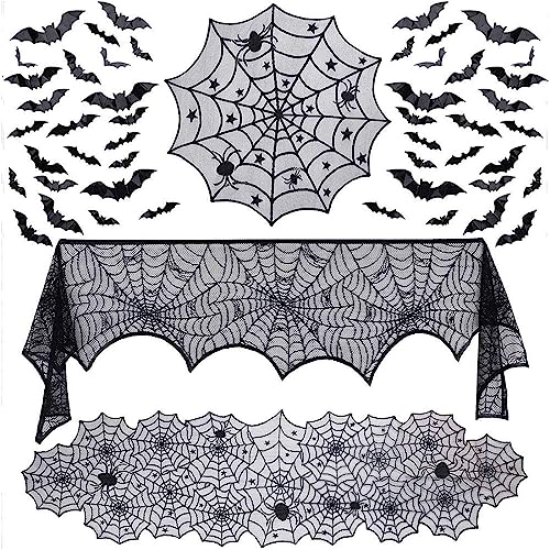 wohot 51pcs Halloween Dekorations Set, Spitzen Spinnennetz Tischläufer, Runde Spinnennetz Tischdecke,Kaminschal,3D Fledermausaufkleber Halloween Party (51pcs) von wohot