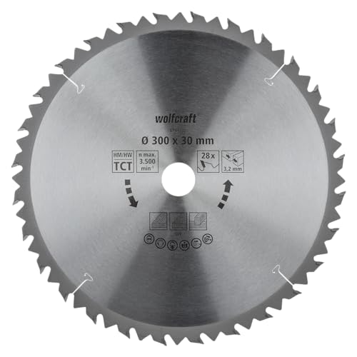 wolfcraft Tischkreissägeblatt HM - 6741000 - Ø 300 mm, 28 Zähne - schnelle, grobe Arbeiten an Holz und Spanplatten - Längs- und Querschnitte - Wechselzahn von wolfcraft