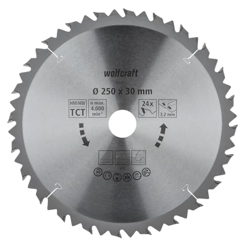 wolfcraft Tischkreissägeblatt HM - 6740000 - Ø 250 mm, 24 Zähne - schnelle, grobe Arbeiten an Holz und Spanplatten - Längs- und Querschnitte - Wechselzahn von wolfcraft