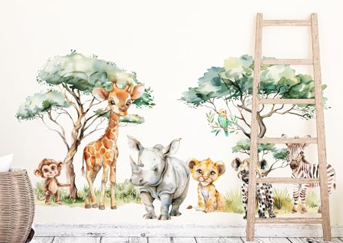 Wandtattoo Kinderzimmer - Safari Tiere Baum Giraffe Nashorn Löwe | Wandsticker für Babyzimmer | Kinderzimmer Deko | Kindergerechte und nachhaltige Wandtattoo Kinderzimmer Mädchen Jungen von wolga-kreativ