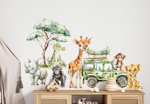 Wandtattoo Kinderzimmer Safari Tiere - Löwe, Krokodil, Giraffe & Nashorn | Wandtattoo Kinderzimmer Mädchen Junge| Wandsticker Kinderzimmer für Babyzimmer, Kindergarten & Schule von wolga-kreativ