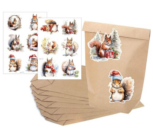 wolga-kreativ Aufkleber Sticker Geschenkaufkleber Weihnachten Advent Weihnachtssticker Etiketten 4 Blätter + 12 Blockbodenbeutel Kraftpapier Papierbeutel Geschenktüte Eichhörnchen von wolga-kreativ