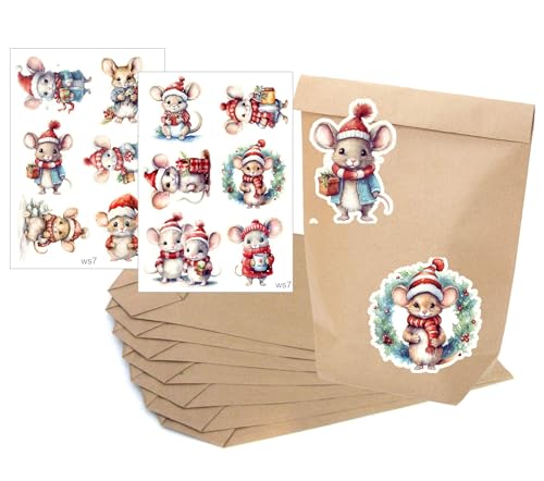 wolga-kreativ Aufkleber Sticker Geschenkaufkleber Weihnachten Advent Weihnachtssticker Etiketten 4 Blätter + 12 Blockbodenbeutel Kraftpapier Papierbeutel Geschenktüte Wintermaus von wolga-kreativ