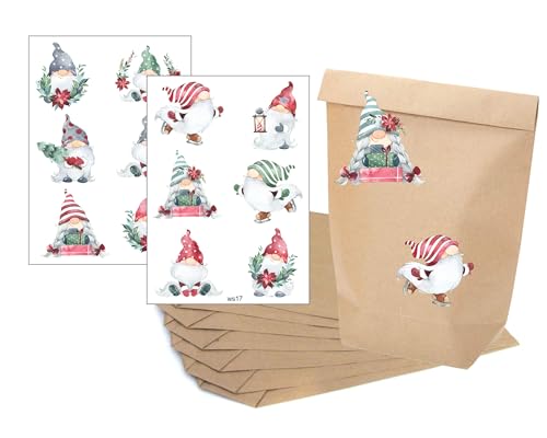 wolga-kreativ Aufkleber Sticker Geschenkaufkleber Weihnachten Advent Weihnachtssticker Etiketten 4 Blätter + 12 Blockbodenbeutel Kraftpapier Papierbeutel GeschenktüteWinterzwerge von wolga-kreativ