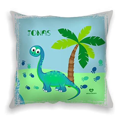 wolga-kreativ Deko-Kissen-bezug Dino Palme 40x40 cm Namenskissen Baby-Kissen Kinder-Kissen Babyzimmer Mädchen Junge-n Namen Kinder Baby personalisiert flauschig von wolga-kreativ