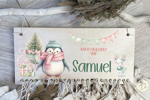 wolga-kreativ Personalisierter Adventskalender aus Holz Motiv Pinguin Holzschild für Kinder Baby Kleinkind zum Befüllen von wolga-kreativ