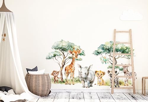 wolga-kreativ Wandtattoo Kinderzimmer - Safari Tiere Baum Giraffe Nashorn Löwe | Wandsticker für Babyzimmer | Kinderzimmer Deko | Kindergerechte und nachhaltige Wandtattoo Kinderzimmer Mädchen Jungen von wolga-kreativ