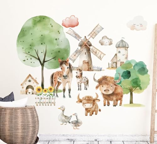 wolga-kreativ Wandtattoo Kinderzimmer - Wandsticker Dorf Schaf Kuh Pferd Mühle Deko Kinderzimmer - Wandaufkleber Mädchen Junge Babyzimmer Wandsticker Mädchen Junge von wolga-kreativ