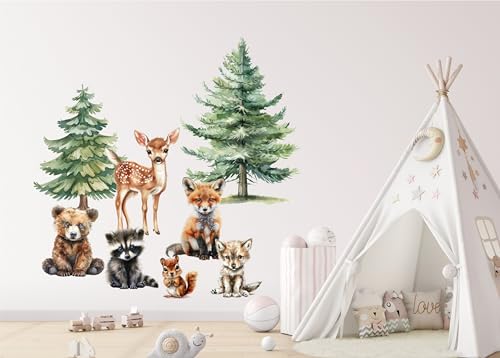 wolga-kreativ Wandtattoo Kinderzimmer - Wandsticker Wald Tiere Waschbär Fuchs Reh Hase Wolf Deko Kinderzimmer - Wandaufkleber Mädchen Junge Babyzimmer Wandsticker Mädchen Junge von wolga-kreativ