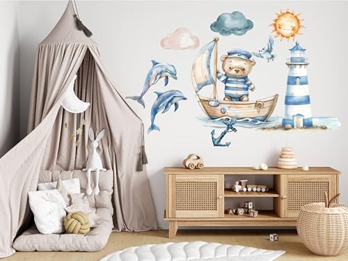 wolga-kreativ Wandtattoo Kinderzimmer - Wandsticker Schiff Bär Leuchtturm Deko Kinderzimmer - Wandaufkleber Mädchen Junge Babyzimmer Wandsticker Jungenzimmer von wolga-kreativ