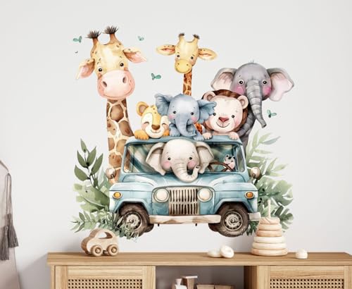 wolga-kreativ Wandtattoo Wandsticker Kinderzimmer Aufkleber Wandbild Safari Tiere Auto Elefant Wanddeko Set Kinder- Spiel- Baby- Junge-n Zimmer von wolga-kreativ