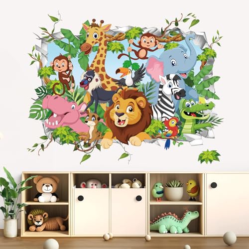 wondever Wandtattoo 3D Safari Tiere Wandaufkleber Dschungel Tiere Elefant Giraffe Löwen Tropische Blätter für Kinderzimmer Babyzimmer Schlafzimmer von wondever