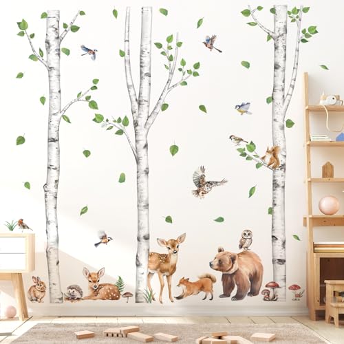 wondever Wandtattoo Baum Birke Groß Waldtiere Wandaufkleber Tiere Bär Rehe Füchse Wandsticker Wanddeko für Kinderzimmer Babyzimmer Schlafzimmer von wondever