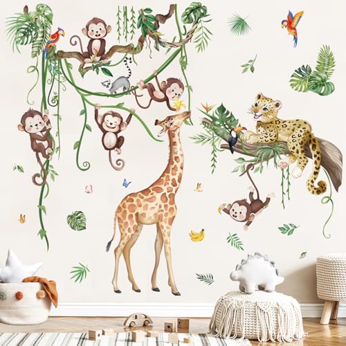 wondever Wandtattoo Dschungel Tiere Baum Zweig Wandaufkleber Safari Affen Giraffe Tropische Blätter für Kinderzimmer Babyzimmer Schlafzimmer von wondever