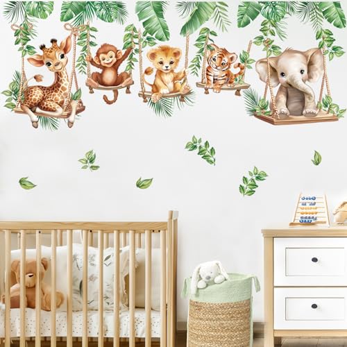 wondever Wandtattoo Dschungel Tiere Reben Wandaufkleber Safari Affen Löwen Giraffe Tropische Blätter für Kinderzimmer Babyzimmer Schlafzimmer von wondever