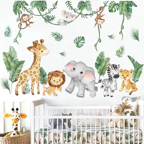 wondever Wandtattoo Dschungel Tiere Reben Wandaufkleber Waldtiere Elefant Giraffe Löwe Tropische Blätter für Kinderzimmer Babyzimmer Schlafzimmer von wondever