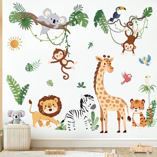 wondever Wandtattoo Dschungel Tiere Reben Wandaufkleber Waldtiere Giraffe Löwe Koala Tropische Blätter für Kinderzimmer Babyzimmer Schlafzimmer von wondever