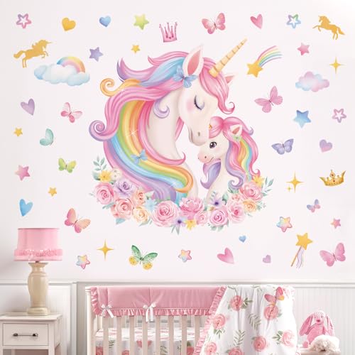 wondever Wandtattoo Einhorn Groß Regenbogen Wandaufkleber Einhorn Rosa Herze Schmetterling Wandsticker Wanddeko für Kinderzimmer Mädchen Babyzimmer von wondever