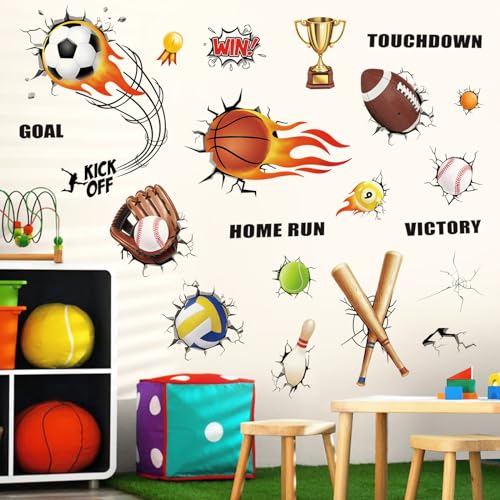 wondever Wandtattoo Junge 3D Sportbälle Wandaufkleber Fußball Basketball Baseball Wandsticker Wanddeko für Jugendzimmer Kinderzimmer Spielzimmer von wondever