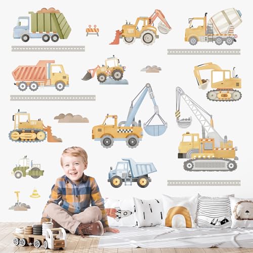 wondever Wandtattoo Kinderzimmer Junge Fahrzeuge Wandaufkleber Bagger Baufahrzeuge Traktor Auto Wandsticker Wanddeko für Kinderzimmer Babyzimmer Junge Spielzimmer von wondever