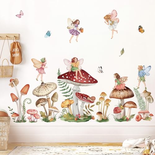 wondever Wandtattoo Mädchen Feen Wandaufkleber Pilze Elfen Schmetterling Wandsticker Wanddeko für Kinderzimmer Babyzimmer Mädchen Schlafzimmer von wondever