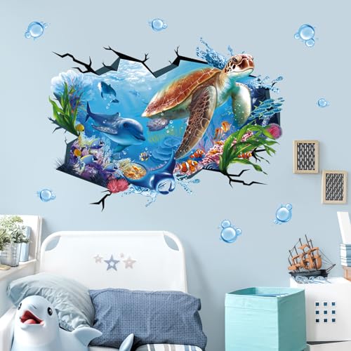 wondever Wandtattoo Meeresschildkröte Groß Unter dem Meer Wandaufkleber Unterwasserwelt 3D Delphin Tropischer Fisch Ozean Wandsticker Wanddeko für Kinderzimmer Babyzimmer Badezimmer von wondever