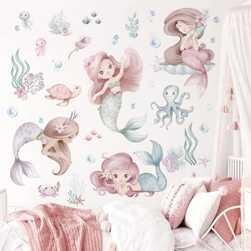 wondever Wandtattoo Meerjungfrau Mädchen Wandaufkleber Unter dem Meer Fisch Seetang Wandsticker Wanddeko für Babyzimmer Schlafzimmer Badezimmer von wondever